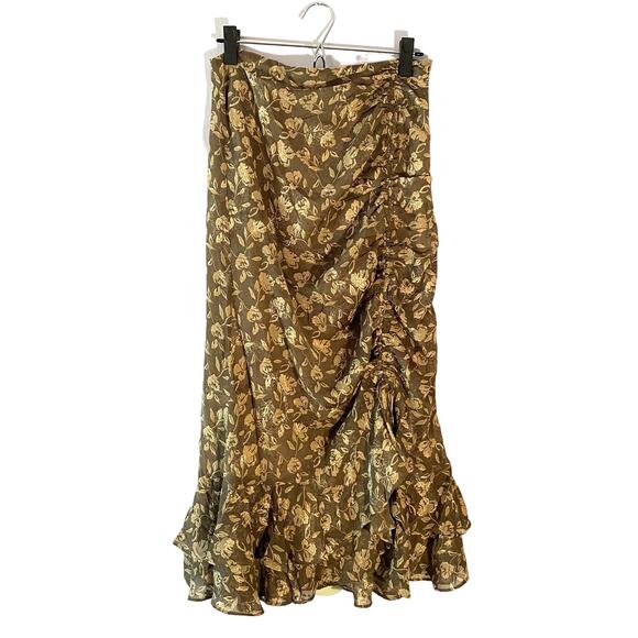 NWT En Saison Women's size Medium Mushroom Floral Brown Daphne Ruched Midi Skirt - Picture 1 of 9